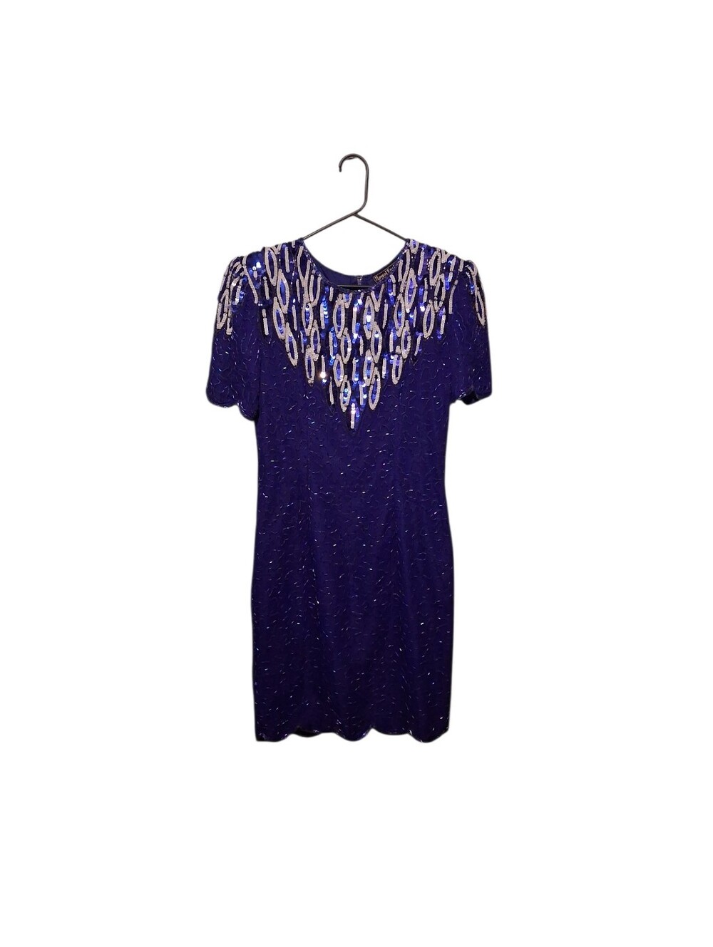 Vintage Blue Beaded Silk Dress Size 8 Sequin Glam Holiday 80's Halloween Costume